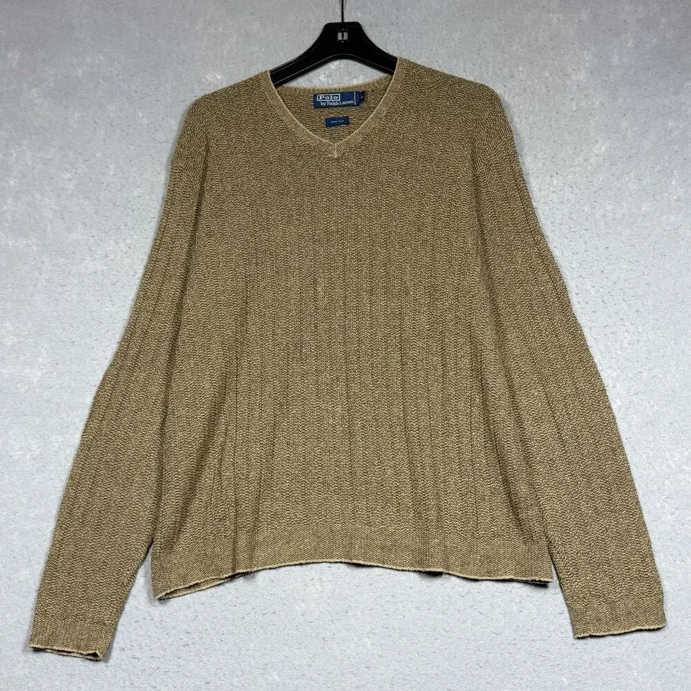 Polo Ralph Lauren Sweater Men's Size Large Tan V-neck Long Sleeve Sweater